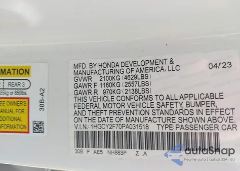 2023 Honda Accord Hybrid Sport-L from USA, damaged, VIN 1HGCY2F70PA031518